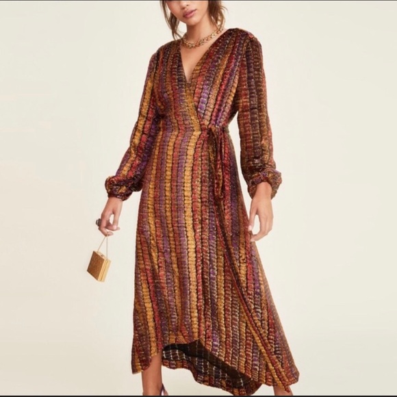 LPA Dresses & Skirts - Revolve LPA Silk Gold Multi-color Wrap Dress